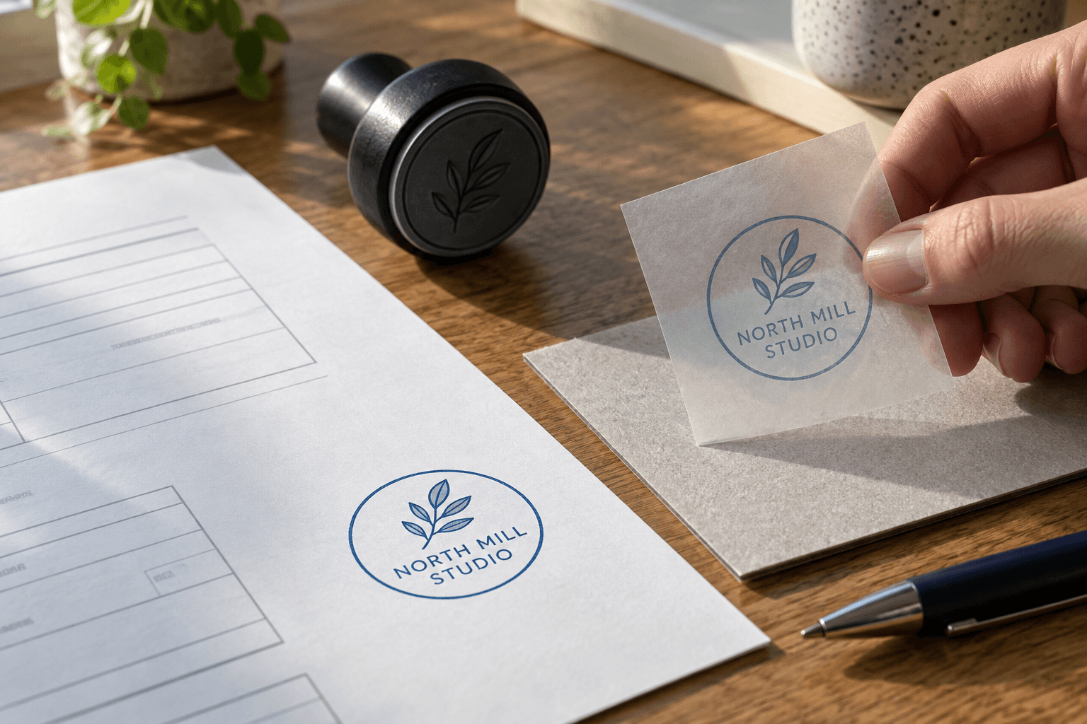 Conceptual document check with a revised blue stamp and a translucent proof sheet