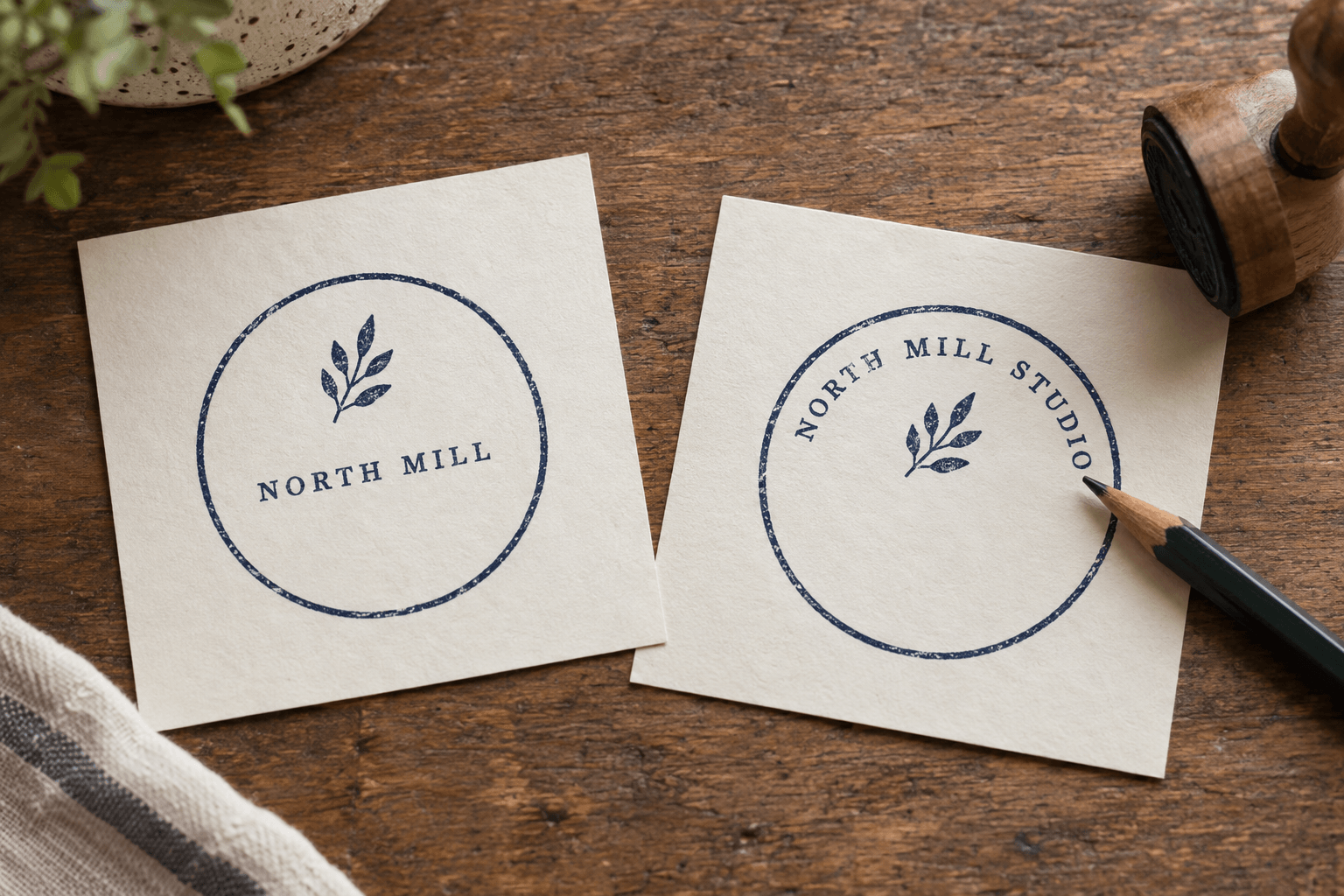 Illustrated proof cards comparing NORTH MILL on a straight line with NORTH MILL STUDIO on an arc