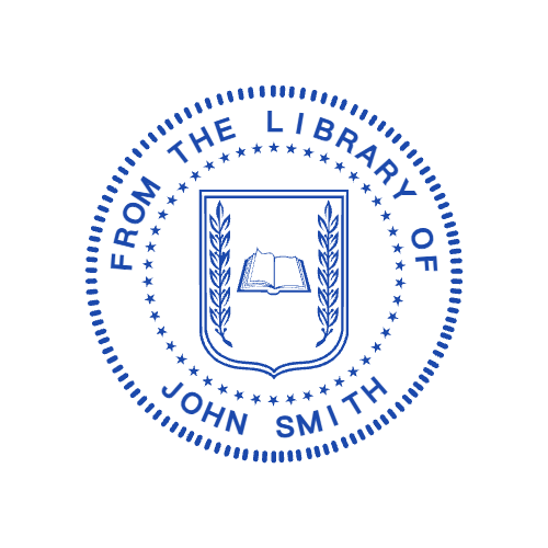 Blue personal library seal with a shield, small open book, star ring, and sample owner name