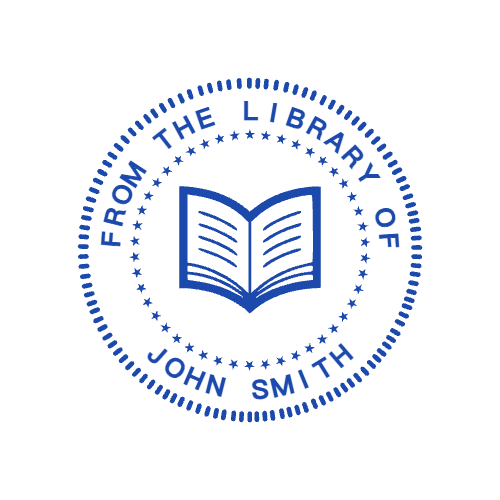 Blue personal library seal with a large open-book emblem, star ring, and sample owner name