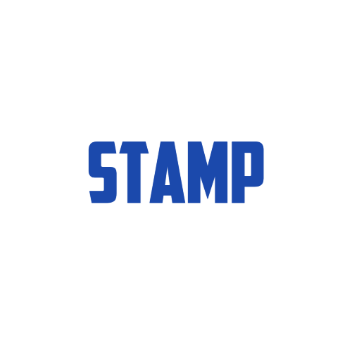 Blue standalone text stamp displaying STAMP with no surrounding data fields