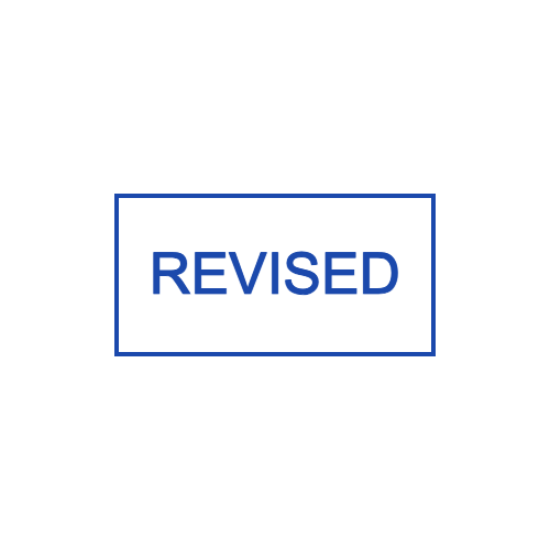 Blue rectangular text stamp with REVISED centered inside a simple outline