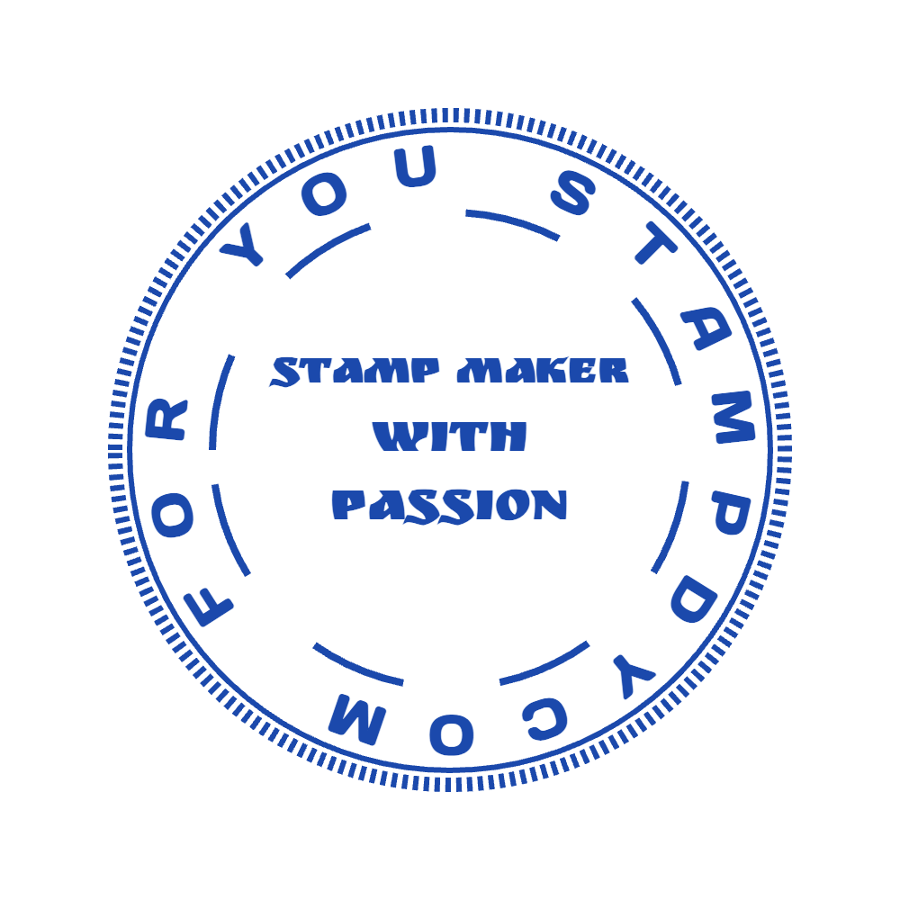 Blue circular custom stamp with a central three-line phrase and widely spaced outer lettering