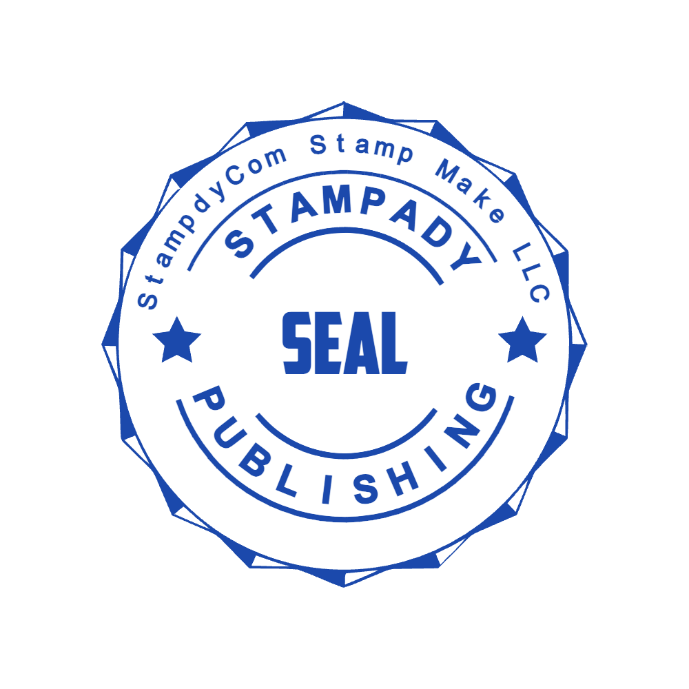 Blue publishing-style custom seal with a large central word, stars, and several surrounding text bands