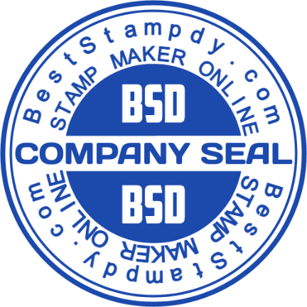 Blue company seal template with BSD initials, a central COMPANY SEAL line, and surrounding curved text