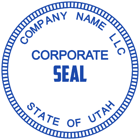 Blue round company seal template with a ticked outer border, company-name arc, and open central lettering