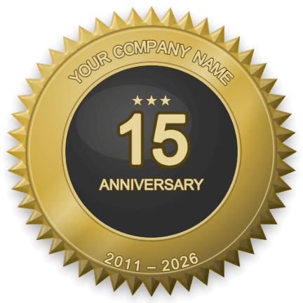 Gold 15th anniversary seal with a black centre