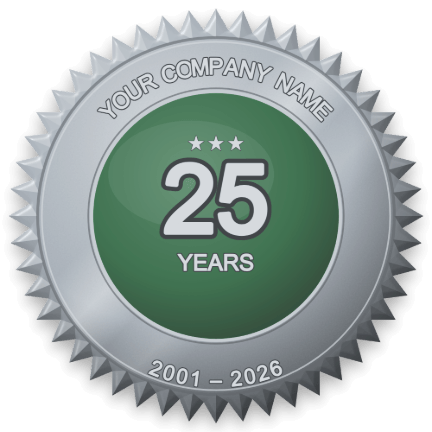 Silver 25th anniversary seal with a green centre