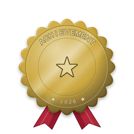 Gold award rosette with red ribbon tails