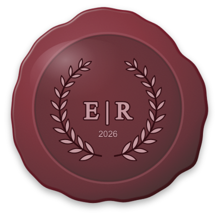 Burgundy wax seal with initials and a laurel wreath
