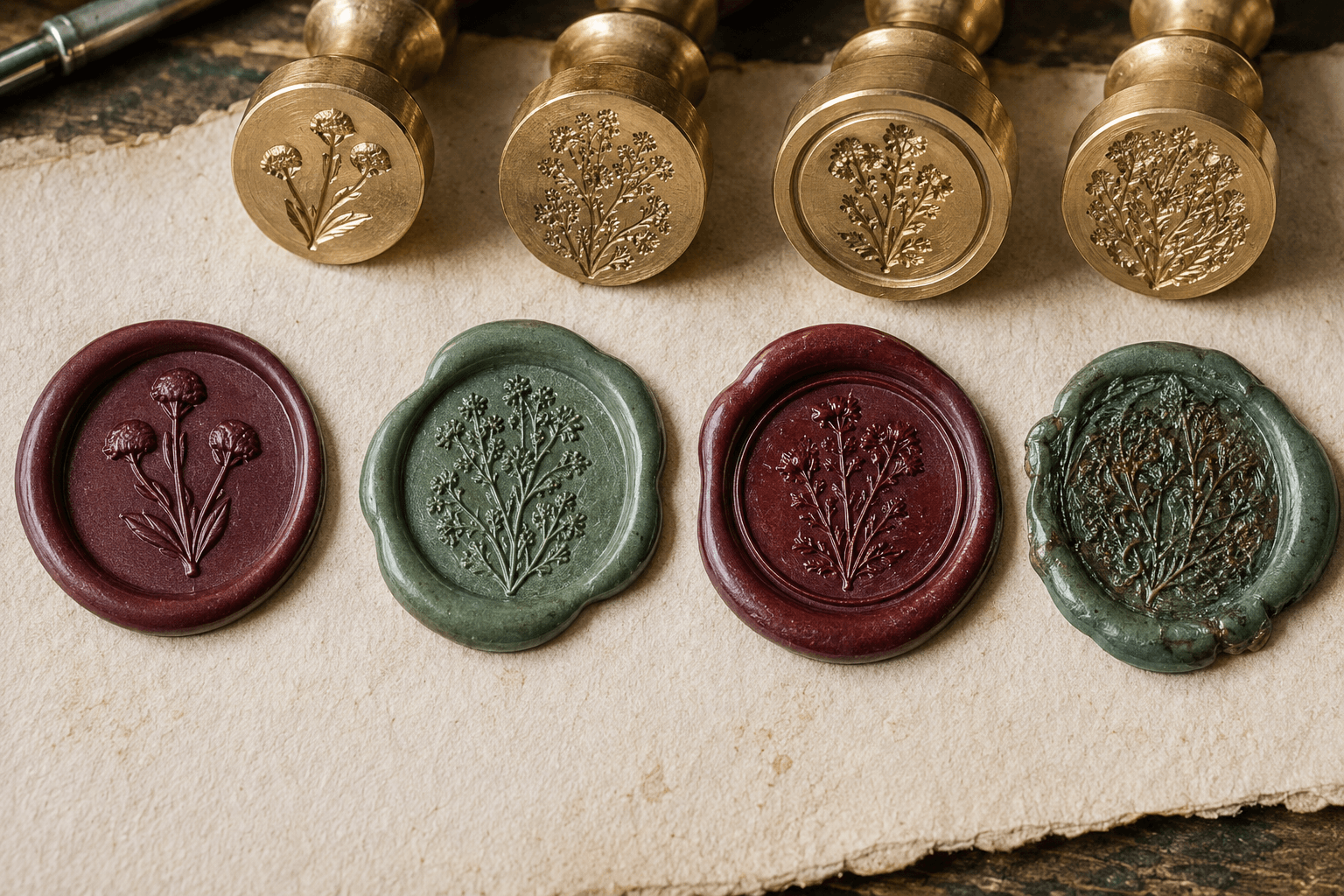 Macro comparison of botanical wax seals ranging from bold open detail to an overloaded impression