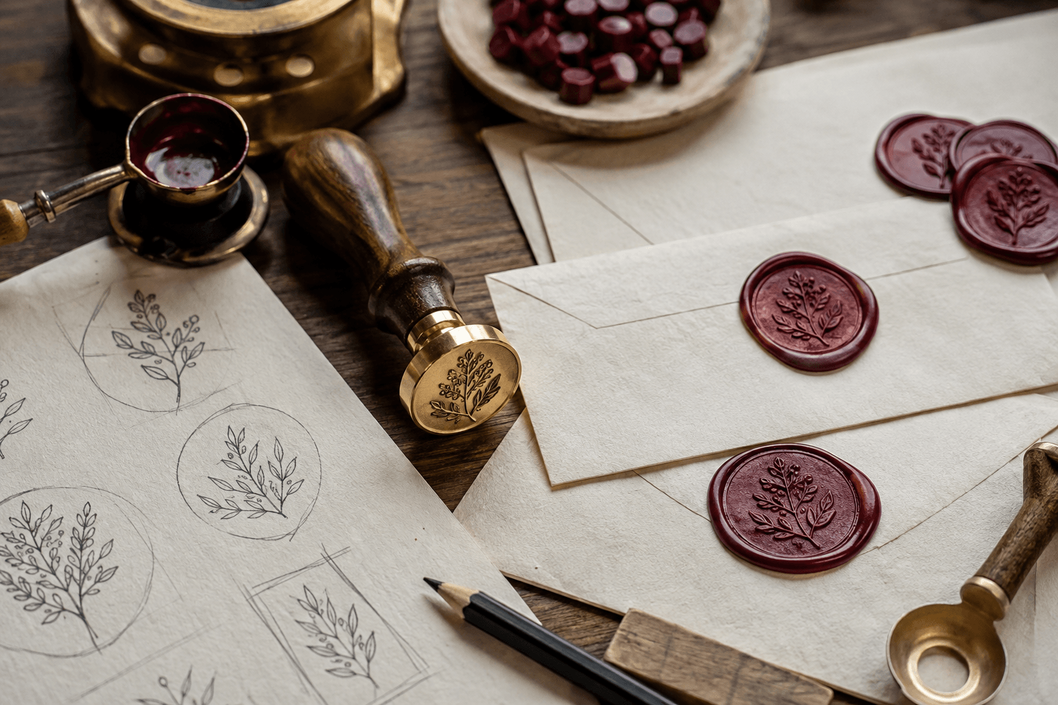 Brass wax seal stamp beside botanical sketches and finished burgundy impressions